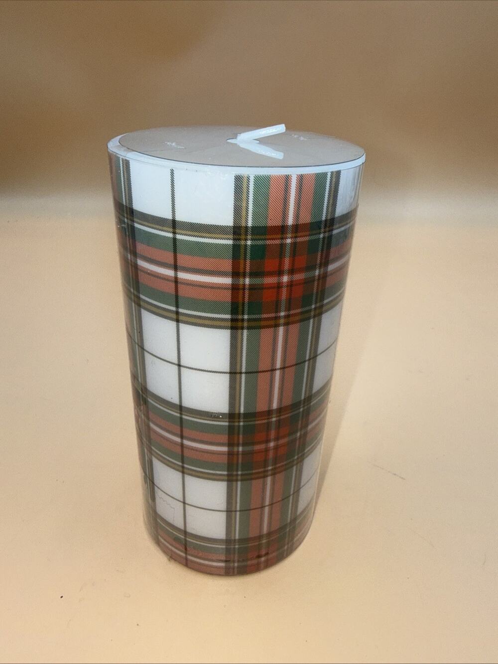 Ashland Decorative Wax Pillar Candle Red And Green Plaid 6" x 3" NOS